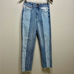 Garage Two Tone Denim High Rise Waist Raw Hem Mom Relaxed Fit Jeans Pants Blue